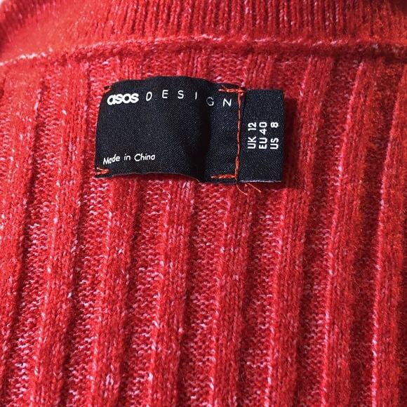 ASOS Design Cardigan Sweater Womens 8 Red Shimmer Open Front Belted Ribbed Knit - Picture 4 of 8